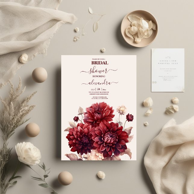 Convites Elegante Watercolor Burgundy Dahlia Bridal (Criador carregado)
