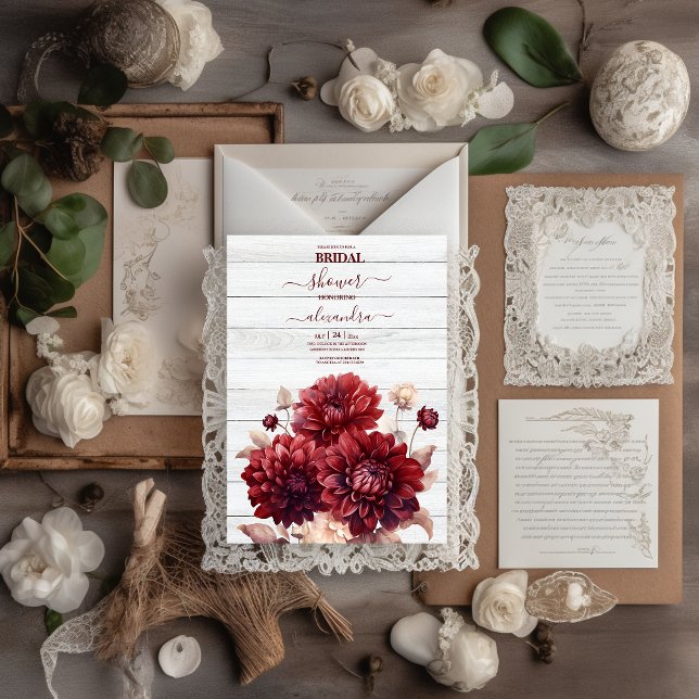 Convites Elegante Watercolor Burgundy Dahlia Bridal (Criador carregado)
