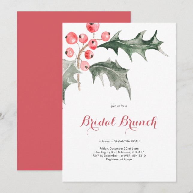 Convites Elegante Watercolor Christmas Holly Bridal Brunch (Frente/Verso)