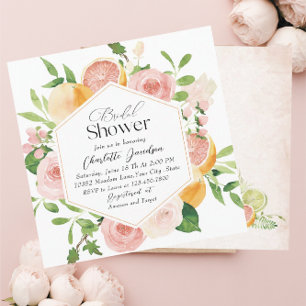 Convites Elegante Watercolor Citrus Pink Flowers Bridal Sho