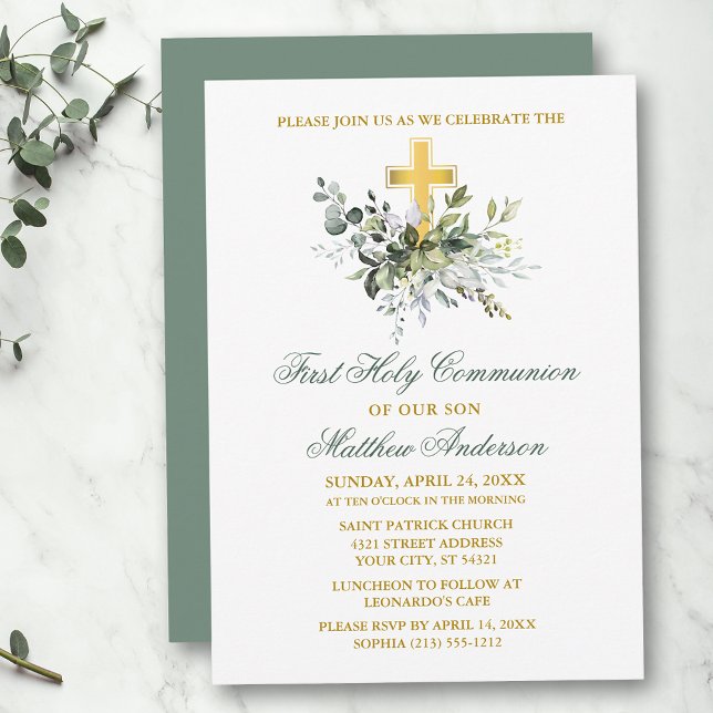 Convites Elegante Watercolor Communion Greenery Green (Customize to change text color, size, style or to change color of back of card.)
