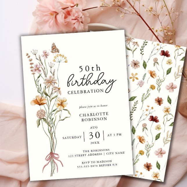 Convites Elegante Watercolor Floral 50º Aniversário (Elegant 50th Floral Birthday Invitation- Front and Back)