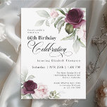 Convites Elegante Watercolor Floral 60º Aniversário<br><div class="desc">Celebre um aniversário especial com este belo convite de aniversário 60. Apresenta elegantes bordas florais em rosas borrifadas e cor-de-rosa em cada lado do texto elegantemente colocado. As cores incluem o rosa pálido pincelado, vermelho enterrado profundo e ameixa misturados com verde etéreo e minúsculas flores brancas de sotaque. Personalize o...</div>