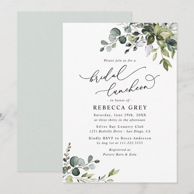 Convites Elegante Watercolor Greenery Bridal Luncheon Chá (Frente/Verso)