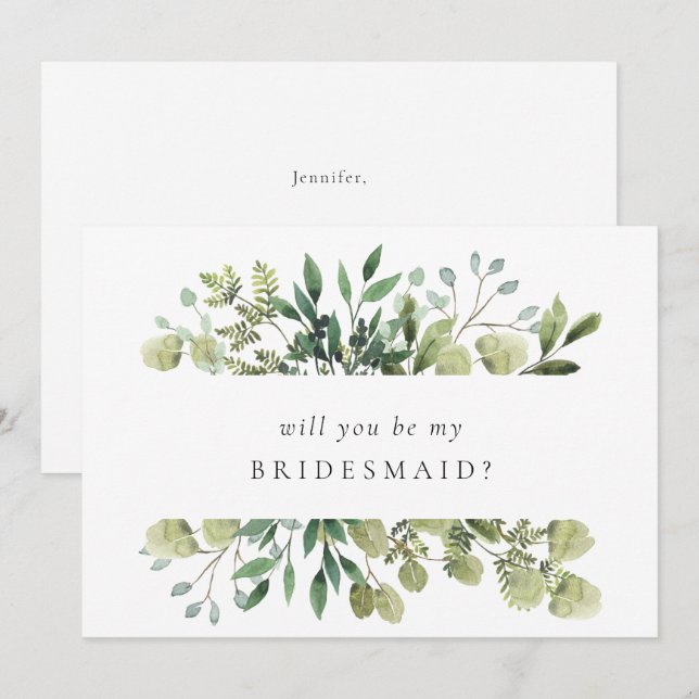 Convites Elegante Watercolor Greenery Bridesmaid (Frente/Verso)