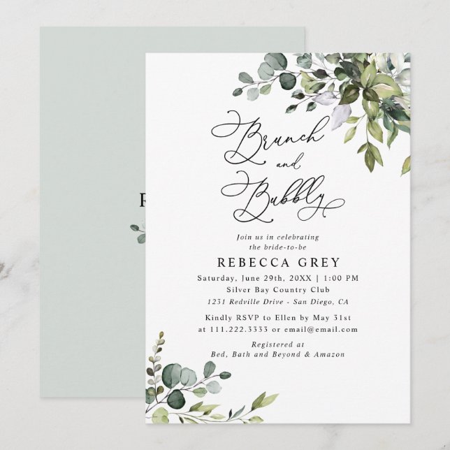 Convites Elegante Watercolor Greenery Brunch e Chá de espum (Frente/Verso)