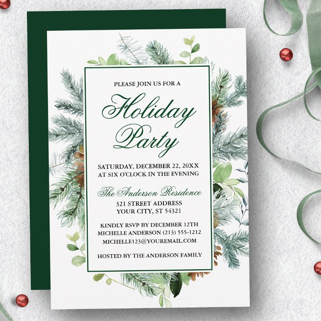 Convites Elegante Watercolor Greenery Pine Holiday Party (Customize to change text color, size, style or to change color of back of card.)