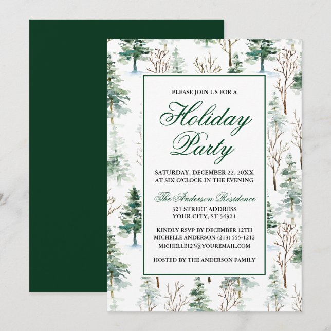 Convites Elegante Watercolor Greenery Pines Holiday Party (Frente/Verso)