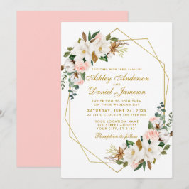 Convites Elegante Watercolor Magnolias Rosas Casamento Dour