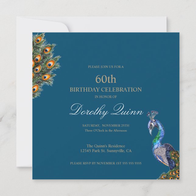 Convites Elegante Watercolor Peacock Birthday (Frente)