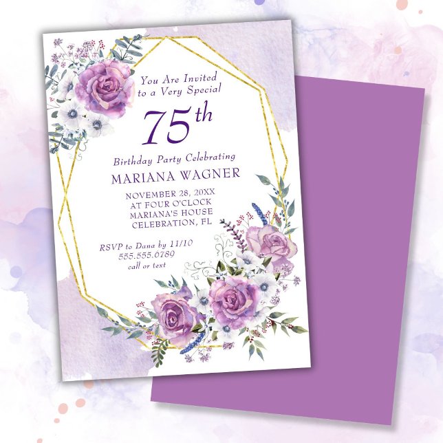 Convites Elegante Watercolor Purple Floral 75.º Aniversário (Criador carregado)