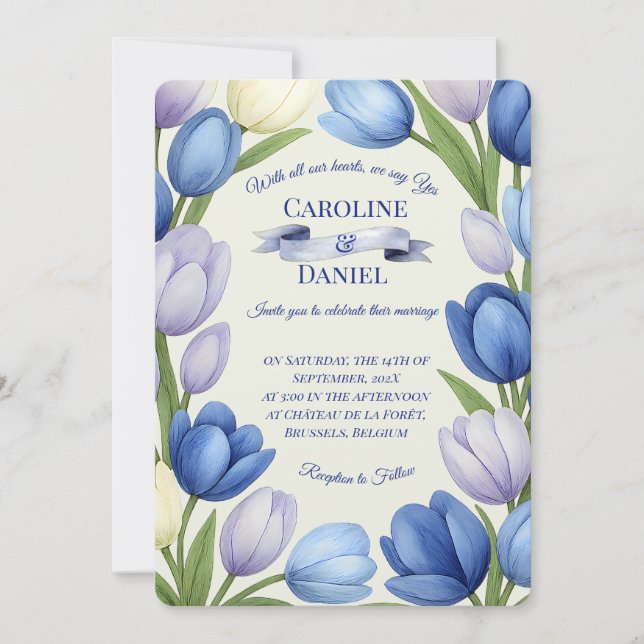 Convites Elegante Watercolor Tulip Wreath Casamento Blue Iv (Frente)