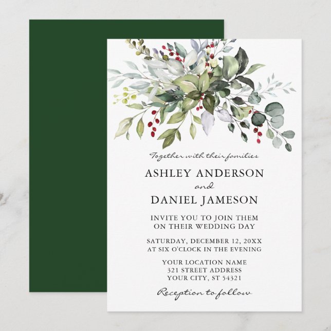 Convites Elegante Watercolor Winter Greenery Wedding (Frente/Verso)