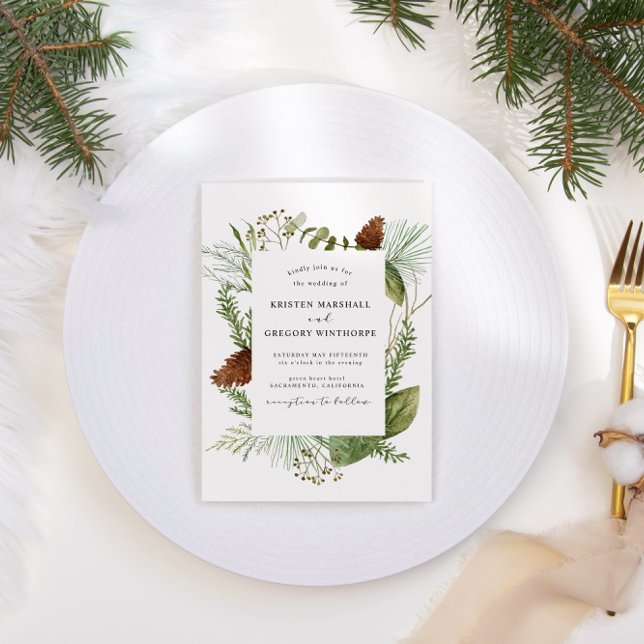 Convites Elegante Watercolor Winter Greenery Wedding (Criador carregado)