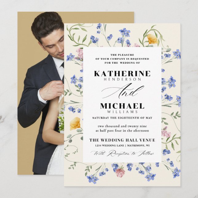 Convites Elegante Watercolor Wldflower Meadow Details RSVP (Frente/Verso)