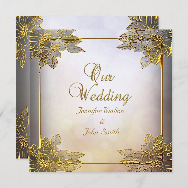 Convites Elegante Wedding Beige Dourado (Frente/Verso)