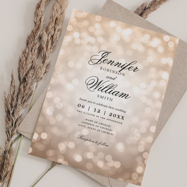 Convites Elegante Wedding Bokeh Luz Rosa romântica Dourada (Elegant Wedding Bokeh Lights Romantic Rose Gold Invitation)