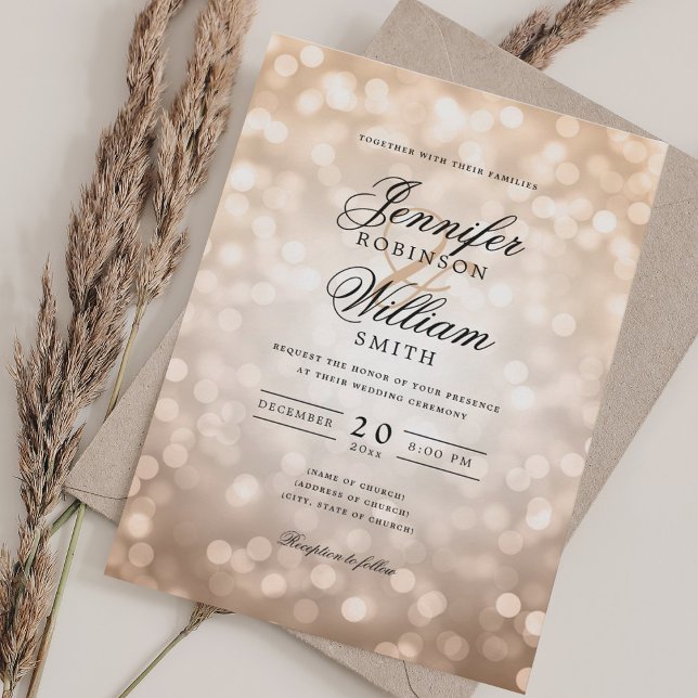 Convites Elegante Wedding Bokeh Luz Rosa romântica Dourada (Elegant Wedding Bokeh Lights Romantic Rose Gold Invitation)