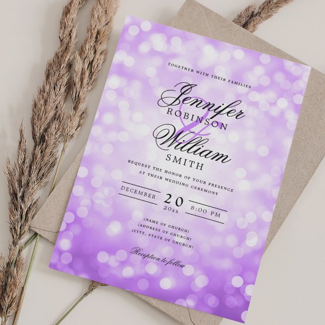 Convites Elegante Wedding Bokeh Luz Roxo Romântico (Elegant Wedding Bokeh Lights Romantic Purple Invitation)