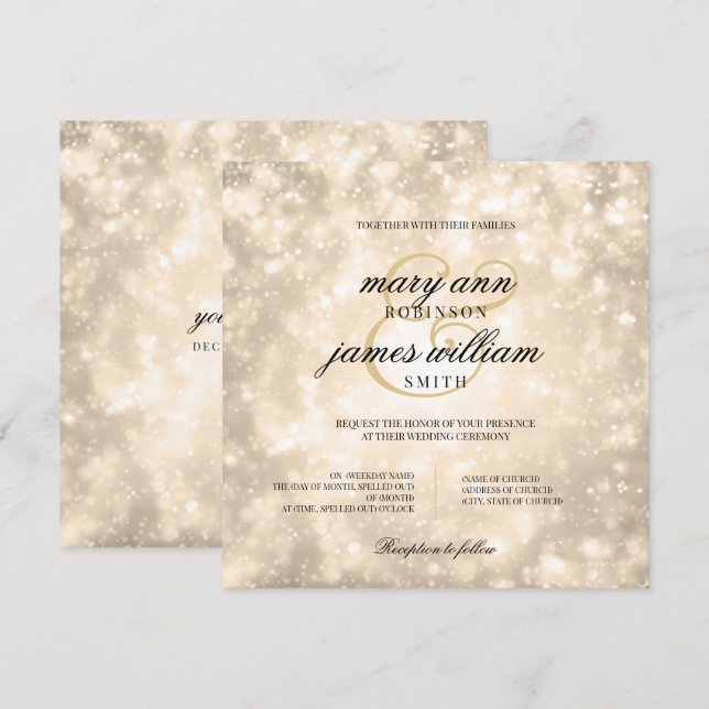 Convites Elegante Wedding Dourado Champagne Bokeh (Frente/Verso)