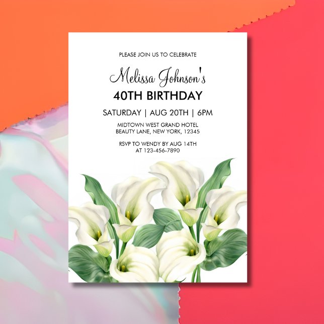 Convites Elegante White Calla Lily Floral Birthday (Criador carregado)