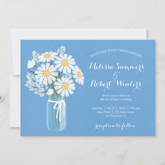 Convites Elegante White Daisies Mason Jar no Casamento Azul (Frente)
