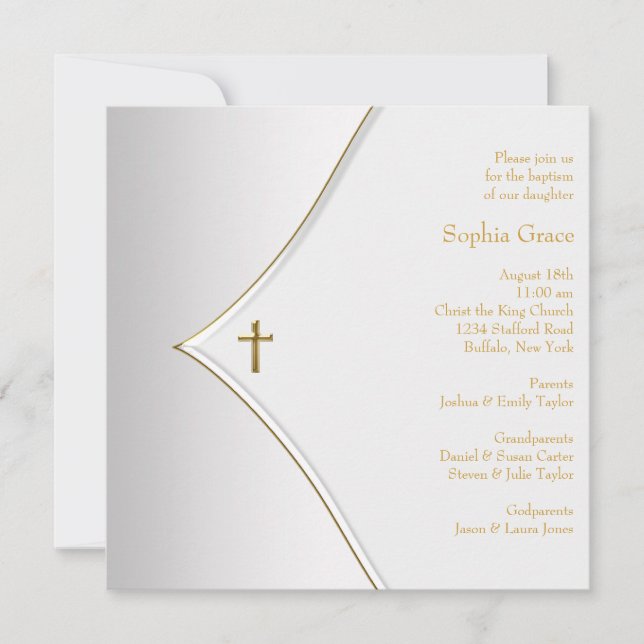 Convites Elegante White Dourado Cross Christening (Frente)