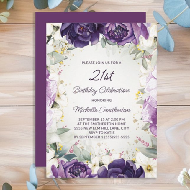 Convites Elegante White Floral aniversário de 21 anos (Purple floral women's 21st birthday party invitation)