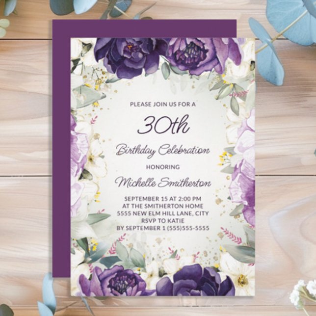 Convites Elegante White Floral aniversário de 30 anos (Purple floral women's 30th birthday party invitation)