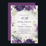 Convites Elegante White Floral aniversário de 40 anos<br><div class="desc">Convite de festas elegante para mulheres com bonito flores brancas e roxas pintadas à mão e folhas verdes sábias acentuadas com brilho dourado. Personalizado com um nome e todas as informações do seu partido. Entre em contato comigo para obter assistência com suas personalizações ou para solicitar produtos Zazzle adicionais correspondentes...</div>