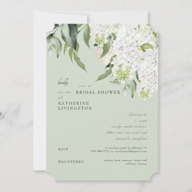 Convites Elegante White Hydrangea Light Sage Chá de panela (Frente)