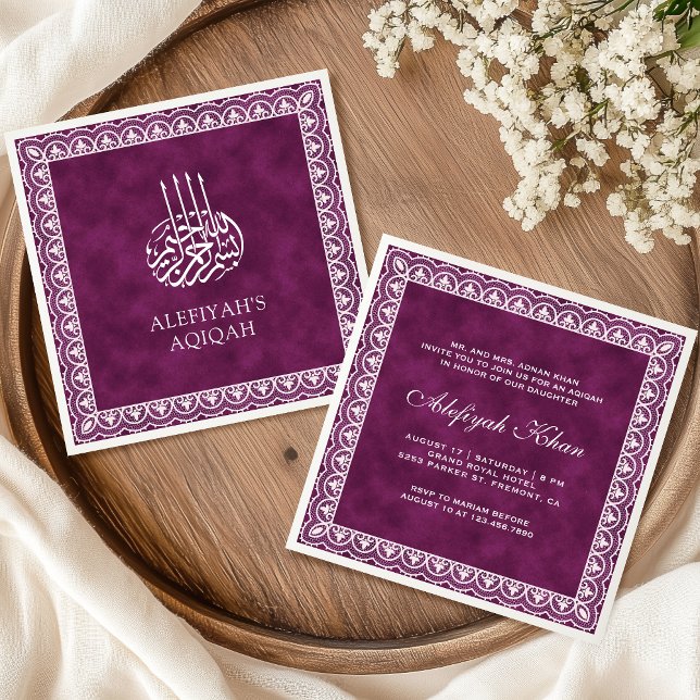 Convites Elegante White Lace Border Plum Islamic Aqiqah (Criador carregado)