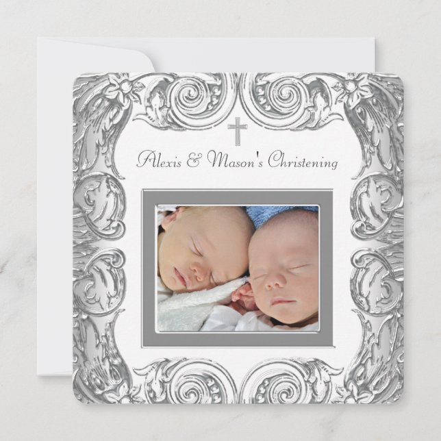 Convites Elegante White Photo Christening (Frente)