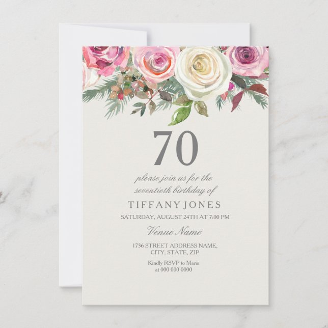 Convites Elegante White Rose Floral 70 Birthday Invite (Frente)