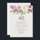 Convites Elegante White Rose Floral aniversário de 40 anos<br><div class="desc">Elegante White Rose Floral aniversário de 40 anos Convide belo design de cor d'água floral elegante totalmente personalizável / personalizado</div>
