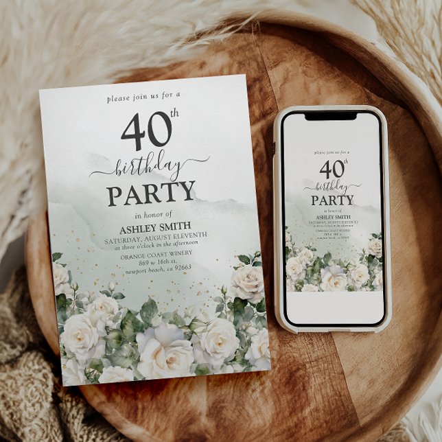 Convites Elegante White Roses & Greenery aniversário de 40  (Criador carregado)