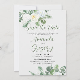 Convites Elegante White Roses & Greenery - Salvar a Data