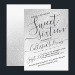 Convites Elegante White Sparkly Glitter Ombre Sweet 16<br><div class="desc">Este convite de aniversário elegante, giro, e gentil e sexy é perfeito para a adolescente da moda e na moda. Ele retrata um brilho brilhante branco e prateado falsamente impresso e cintilante e gradiente ombre colorido com uma configuração personalizada de tipografia cursiva de script. É um toque glamouroso, feminino, simples...</div>