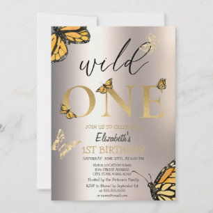 Convites Elegante Wild One Dourada Butterflies Aniversário