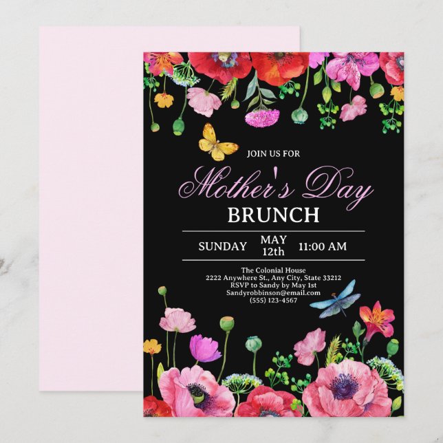 Convites Elegante Wildflower Black Chic Dia de as mães Brun (Frente/Verso)