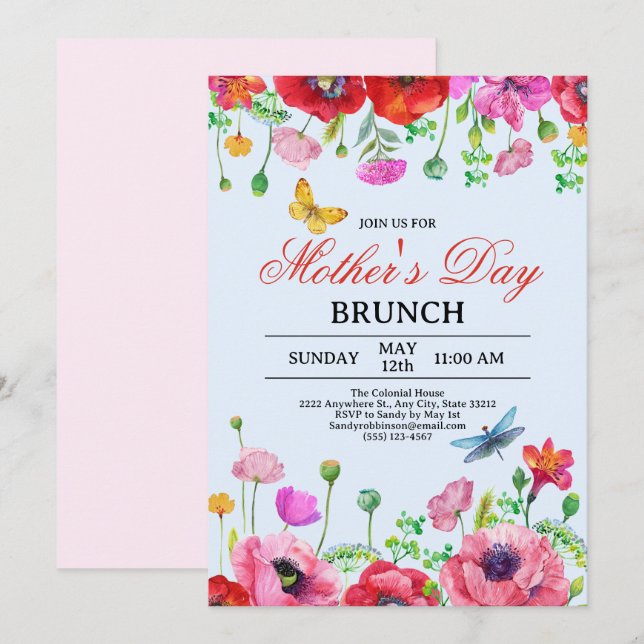 Convites Elegante Wildflower Blue Chic Dia de as mães Brunc (Frente/Verso)