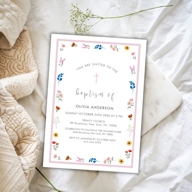 Convites Elegante Wildflower Girl Christening Baptismo (Elegant Wildflower Girl Christening Baptism Invitation)