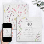 Convites Elegante Wildflower Watercolor aniversário de 40 a<br><div class="desc">Convite quadrado moderno, elegante (editável pela idade), com motins de flor silvestre a aquarela em tons suaves de rosa-pincel, lilás e lavanda, amarelos, azuis e delicadas folhas botânicas verdes. Personalize seus detalhes em preto suave, acentuado com uma bela caligrafia feita à mão moderna. Entre em contato com o designer para...</div>