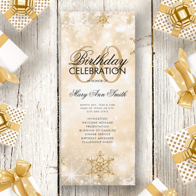 Convites Elegante Winter 60th Birthday Program Dourado com  (Criador carregado)