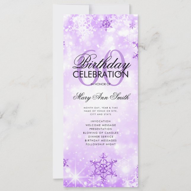 Convites Elegante Winter 60th Birthday Program Purple Menu (Frente)