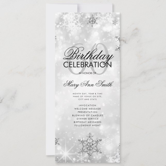 Convites Elegante Winter 60th Birthday Program Silver Menu (Frente)
