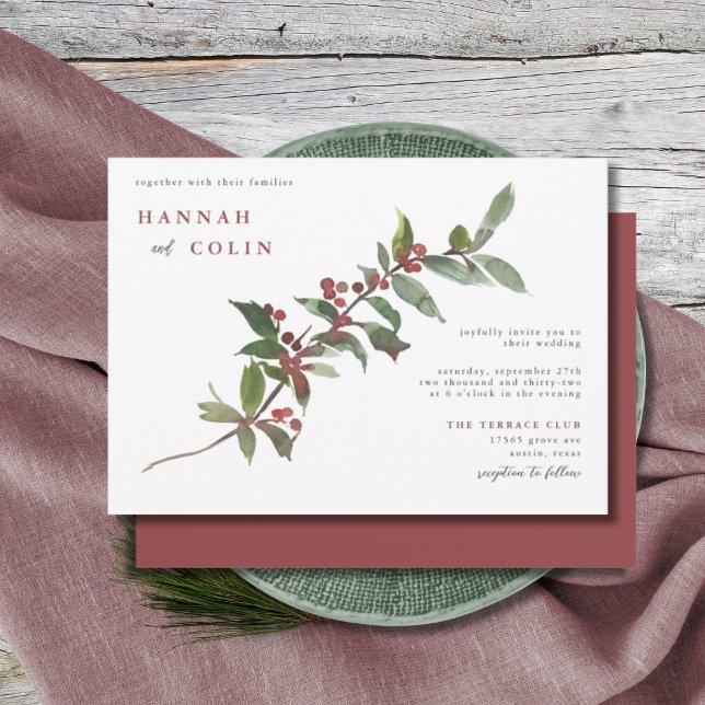Convites Elegante Winter Berries Red Green Watercolor Invit (Criador carregado)