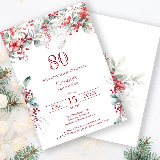 Convites Elegante Winter Berry Botanic 80 Birthday (Criador carregado)