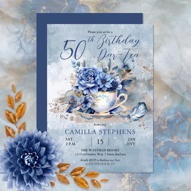 Convites Elegante Winter Floral Teacup 50th Birthday Par-Te (Create a magical birthday celebration with this beautiful blue winter floral teacup and bird design.)