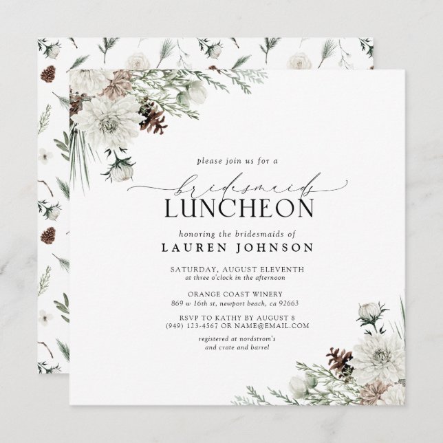 Convites Elegante Winter Floral Watercolor Bridal (Frente/Verso)